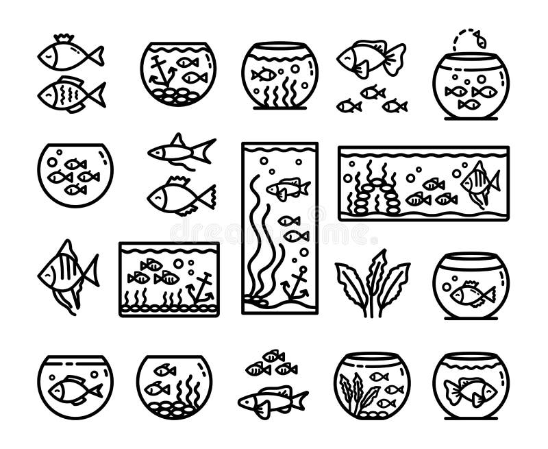 Aquarium tanks outline icons set, different types of aquariums with plants and fish. Vector Illustrations isolated on white background. Aquarium tanks outline icons set, different types of aquariums with plants and fish. Vector Illustrations isolated on white background