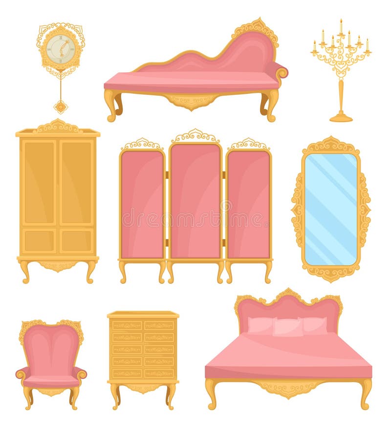 Princess furniture concept. Collection decor element for living room. Royal room interior design. Vector flat illustration. Princess furniture concept. Collection decor element for living room. Royal room interior design. Vector flat illustration.