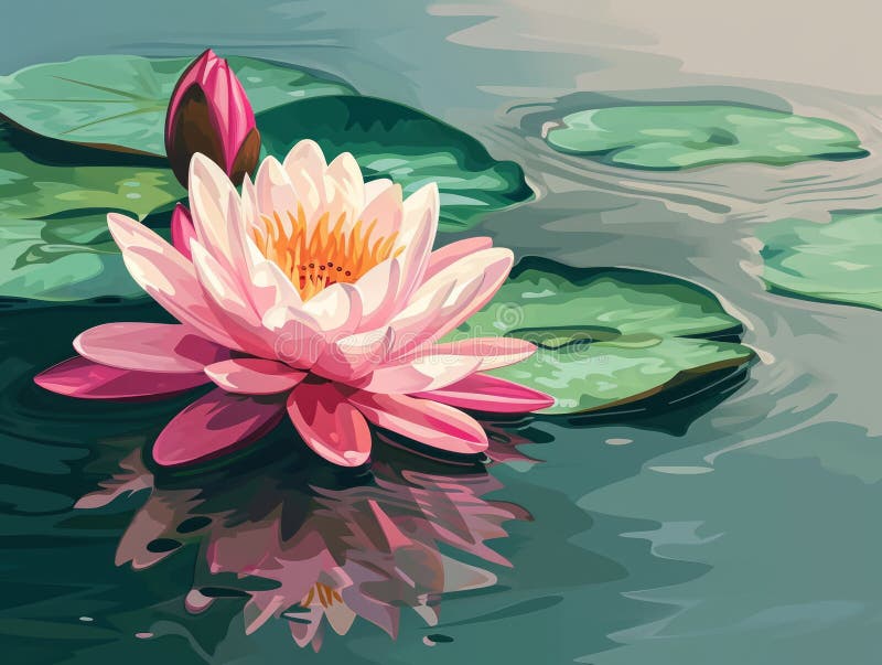 池塘中的粉红的水百合. 卡通风格插图. 生殖 库存例证