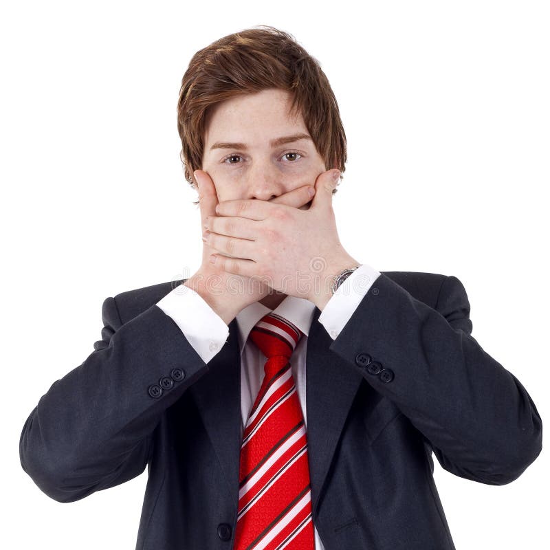 Businessman making the speak no evil gesture over white. Businessman making the speak no evil gesture over white