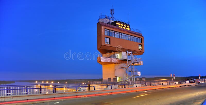 Control tower - Closed water lock at the channel Danube - Slovakia-Hungary. Control tower - Closed water lock at the channel Danube - Slovakia-Hungary