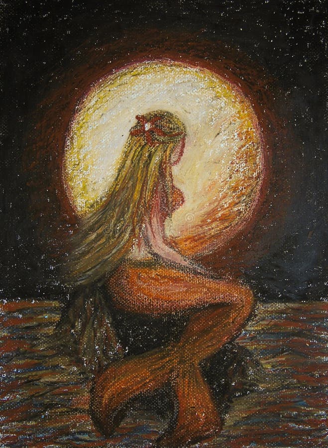 油在白肤金发的美人鱼身分帆布的柔和的淡色彩绘画在一个岩石的在有大红色月亮的海在背景,幻想 皇族释放例证 油在白肤金发的美人鱼身分帆布的柔和的淡色彩绘画在一个岩石的在有大红色月亮的海在背景,幻想 皇族释放例证