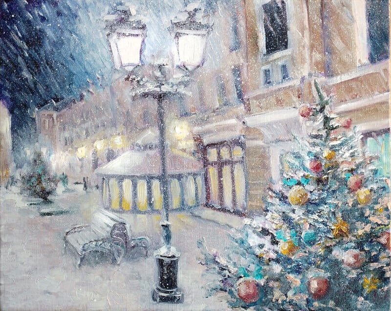 油画 — 旧城圣诞节假日街的雪景 灯笼附近的圣诞树 库存照片 油画 — 旧城圣诞节假日街的雪景 灯笼附近的圣诞树 库存照片
