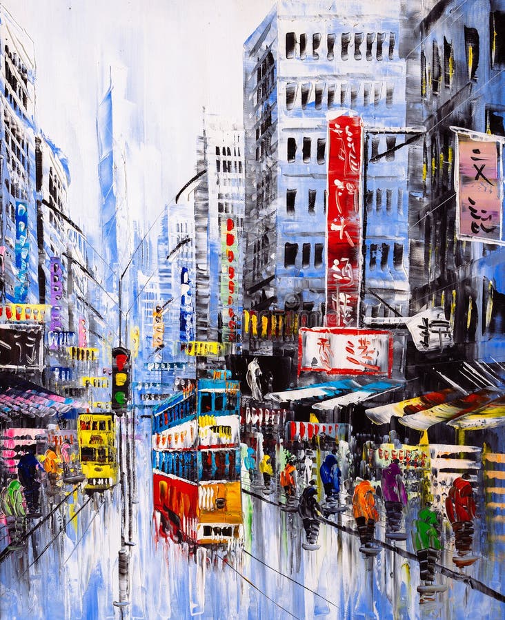 油画- 香港街景库存图片. 图片包括有抽象, 人群, 减少, 著名, 目的地