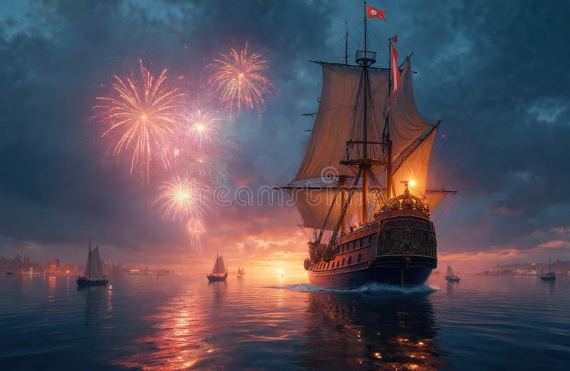 油画显示一艘船在水上，天上放着烟花. 海上其他游艇的学校. 浪漫冒险