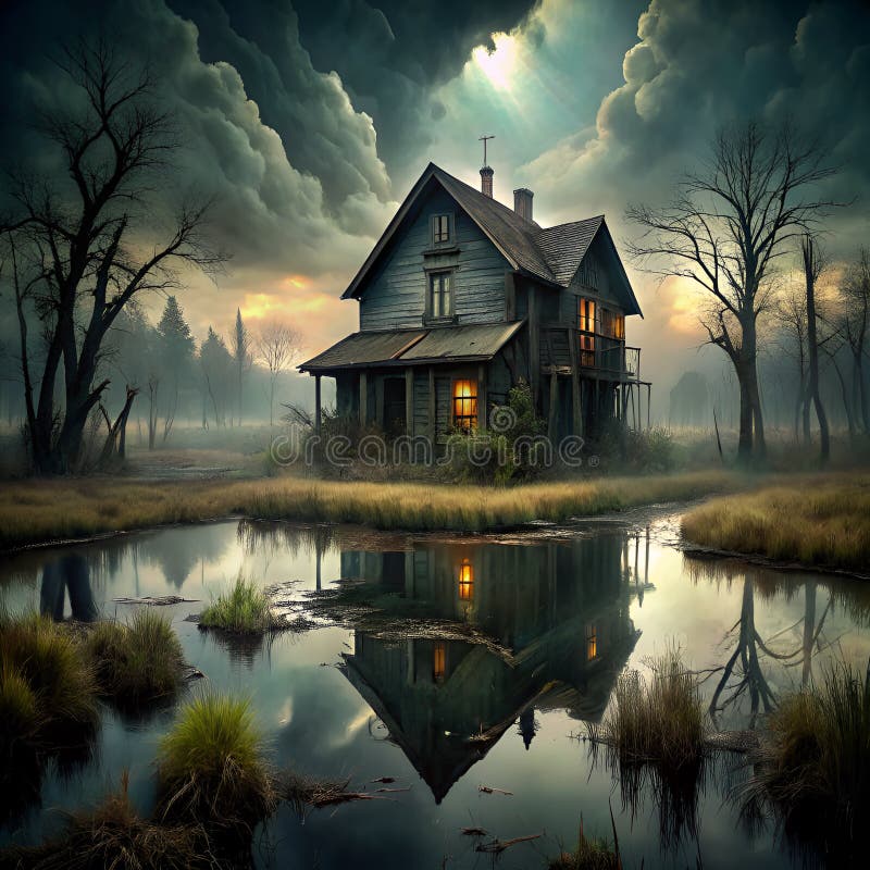 A house surrounded by marshland with a mirrorlike reflection in the water, under a cloudy sky. The natural landscape is enhanced by the presence of trees and other plant life. A house surrounded by marshland with a mirrorlike reflection in the water, under a cloudy sky. The natural landscape is enhanced by the presence of trees and other plant life