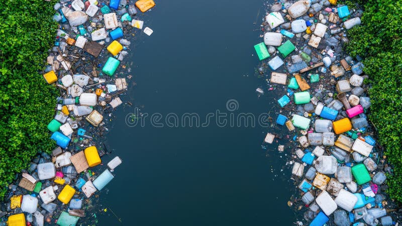 沿河散落的塑料垃圾的空中观察，突出环境污染和清洁水道的需要 库存例证