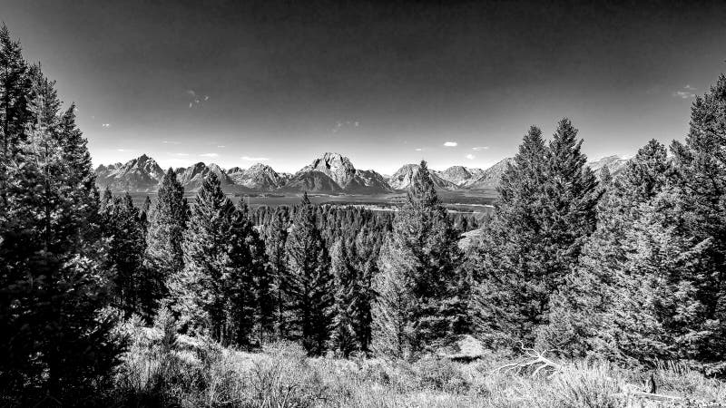 Wide shot of the whole range with Grand Teton on the left, Mount Moran in the middle and Eagle Rest Peak on the right. Mountainside covered in timber leads to the shore of Lake Jackson and across the water to Mount Moran, Most grasses and shrubs showing fall colors in early September. The higher peaks show some snow remnants from last winter. Deep haze from smoke from Canadian Forest Fires colors the horizon. Wide shot of the whole range with Grand Teton on the left, Mount Moran in the middle and Eagle Rest Peak on the right. Mountainside covered in timber leads to the shore of Lake Jackson and across the water to Mount Moran, Most grasses and shrubs showing fall colors in early September. The higher peaks show some snow remnants from last winter. Deep haze from smoke from Canadian Forest Fires colors the horizon.