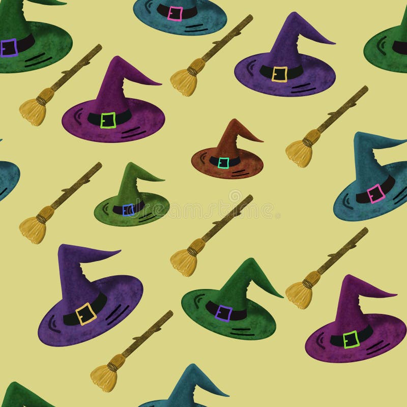 Seamless pattern with colorful hats and broomsticks on light yellow background. Witchcraft. Wizard print. halloween design. Packaging, wallpaper, textile, fabric design. Seamless pattern with colorful hats and broomsticks on light yellow background. Witchcraft. Wizard print. halloween design. Packaging, wallpaper, textile, fabric design.