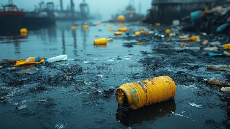 浮塑瓶黄桶装有毒废水水道 库存例证
