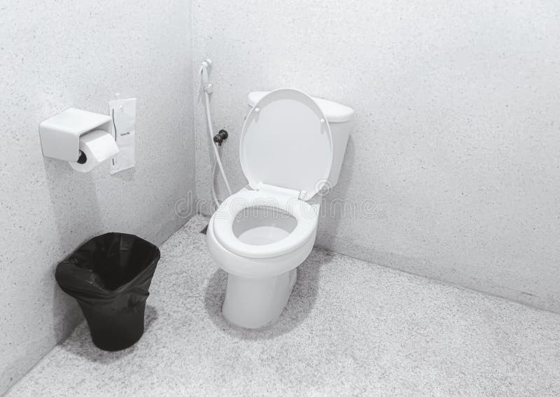 White toilet bowl in bathroom corner. Toilet paper with sanitary bag and trash can. Clean toilet seat. White toilet bowl in bathroom corner. Toilet paper with sanitary bag and trash can. Clean toilet seat