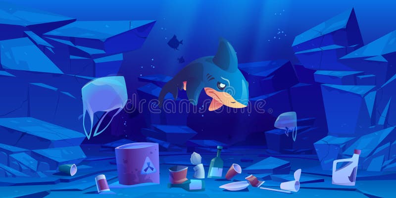 海中漂浮的鲨鱼塑料袋和垃圾 库存例证