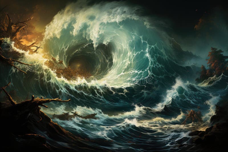海啸巨浪在海洋中汹涌澎湃的威力 免版税库存图片