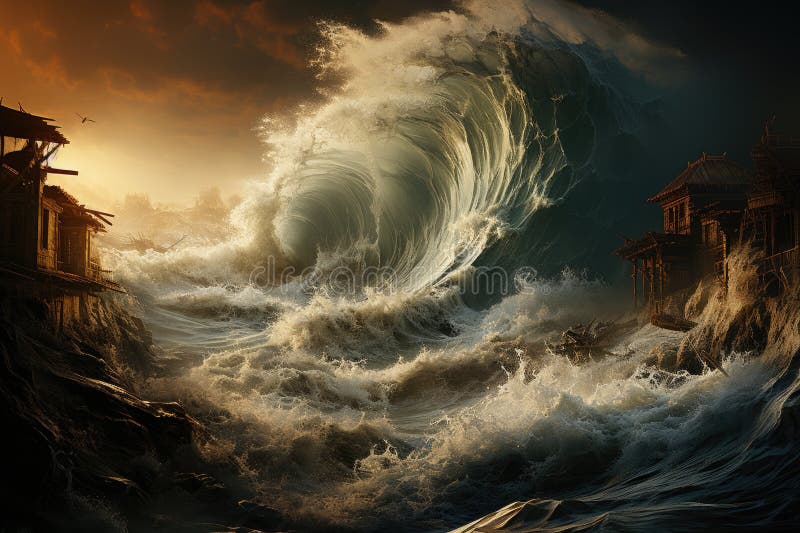 海啸巨浪在海洋中汹涌澎湃的威力 库存照片