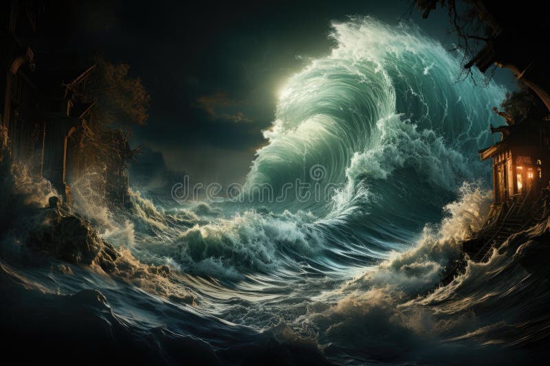 海啸巨浪在海洋中汹涌澎湃的威力 免版税库存照片