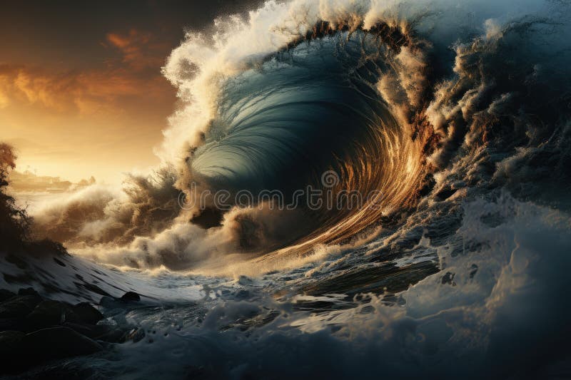 海啸巨浪在海洋中汹涌澎湃的威力 免版税库存图片