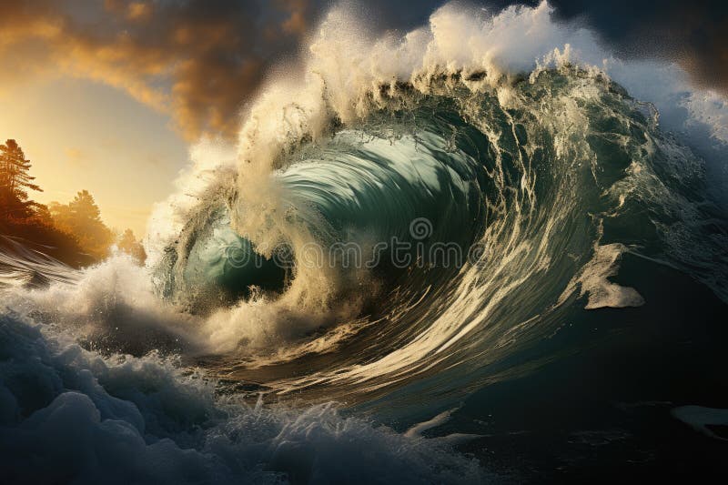 海啸巨浪在海洋中汹涌澎湃的威力 免版税库存照片