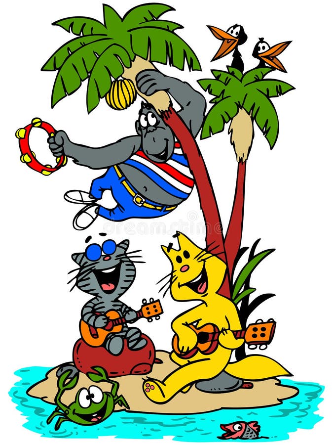 Cartoon animals singing and dancing on an island. Cartoon animals singing and dancing on an island.