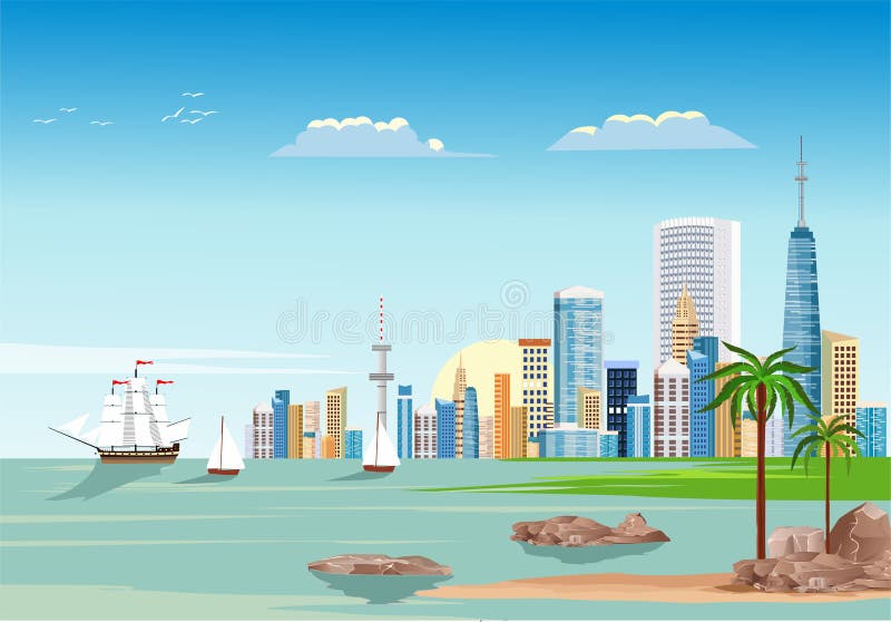 海岸上的现代城市建筑，游艇，云彩，都反映在 免版税库存照片