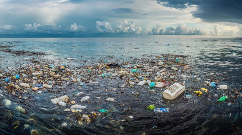 海平线上漂浮着塑料垃圾和浮云的污染海洋 向量例证
