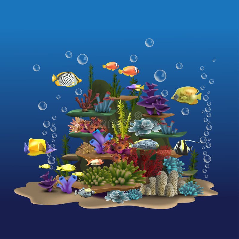 Seascape rocks and plants. Underwater view with sand and seaweed, fish floating near the bottom of the ocean. Aquatic image wildlife vector illustration. Seascape rocks and plants. Underwater view with sand and seaweed, fish floating near the bottom of the ocean. Aquatic image wildlife vector illustration.