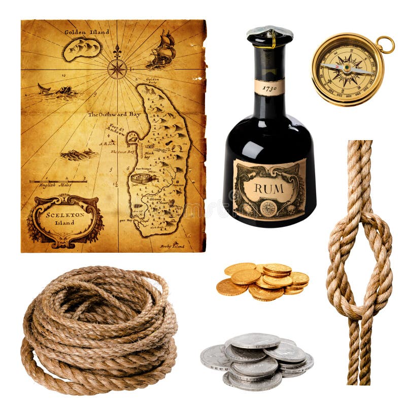 Sea collection. Rum bottle, silver and gold coins, ropes, compass and old map of the island. Sea collection. Rum bottle, silver and gold coins, ropes, compass and old map of the island.