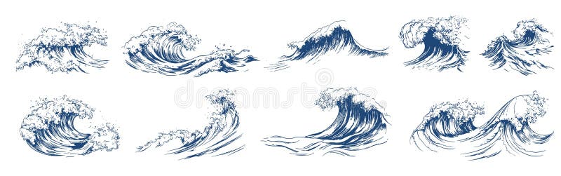 海浪与泡沫隔离的海浪. 海洋元素航海剪贴画. 水草图风格设计师的蓝色风暴矢量图 皇族释放例证