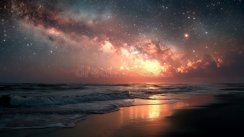 海浪轻轻地在壮观的夜空下滚到沙质的海岸上. 银河 向量例证