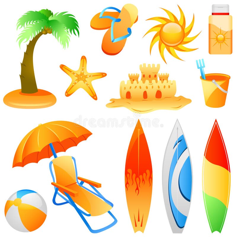 Set of beach objects vector. Set of beach objects vector