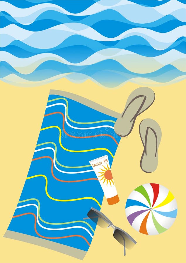 Illustration of man's flip flops, beach towel, beach ball, sunglasses and suncream on the sand could be used as greetings card. Illustration of man's flip flops, beach towel, beach ball, sunglasses and suncream on the sand could be used as greetings card
