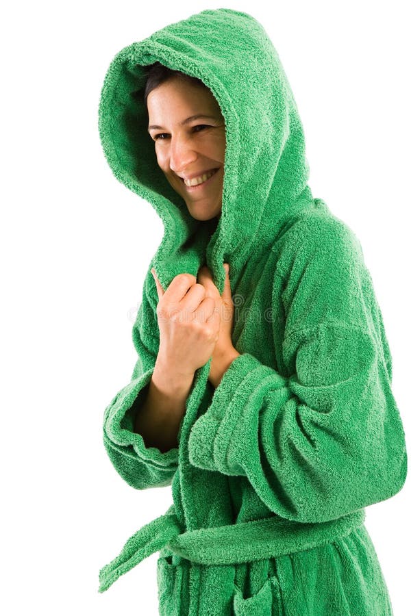 Nice woman in green bath robe wearing the hood. Nice woman in green bath robe wearing the hood