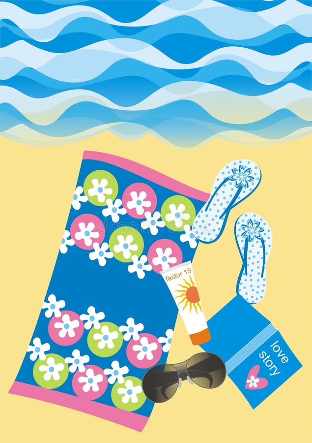 Illustration of flip flops, beach towel, book, sunglasses and suncream on the sand could be used as greetings card. Illustration of flip flops, beach towel, book, sunglasses and suncream on the sand could be used as greetings card