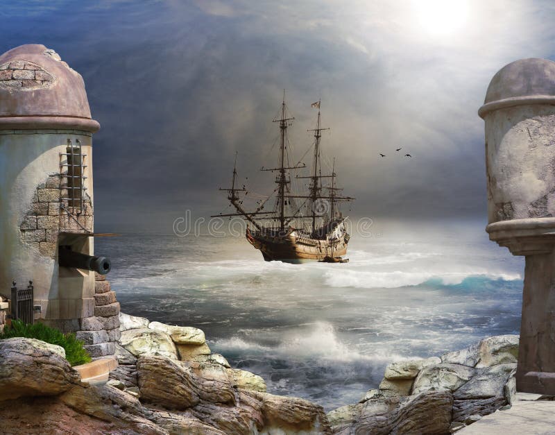 A pirate or merchant ship anchored in the bay of a fort. A pirate or merchant ship anchored in the bay of a fort.