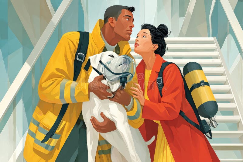 消防员紧急在充满烟雾的建筑物中营救一只狗 免版税库存照片