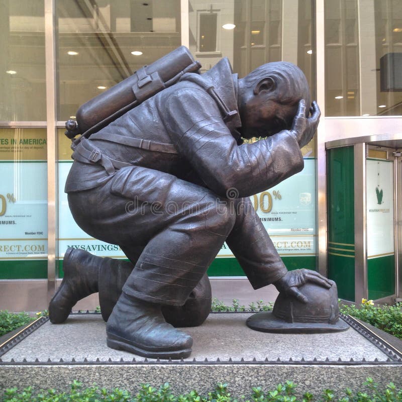 This is a statue of a distressed firefighter and a very fitting memorial to all the firefighters who lost their lives September 11 2001. This is a statue of a distressed firefighter and a very fitting memorial to all the firefighters who lost their lives September 11 2001.