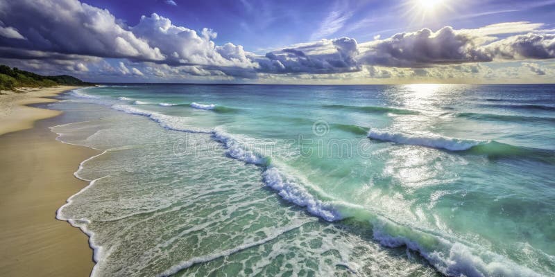 淡淡的热带海滩碧水白沙和风浪的宁静空中透视 向量例证