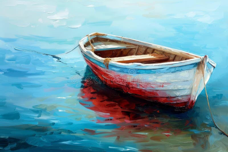 艺术水彩画，描绘了一艘孤独的船漂浮在平静的蓝色大海中库存照片. 图片