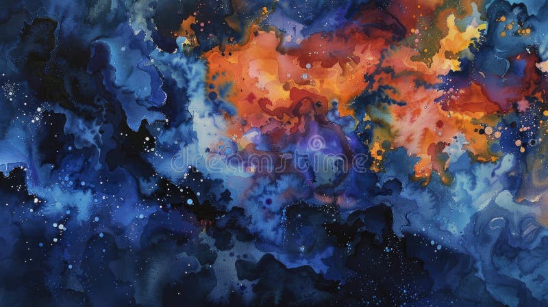 深夜的忧郁与浓郁的橙子混在一起，在宇宙中，抽象的水彩呈爆炸式增长 向量例证