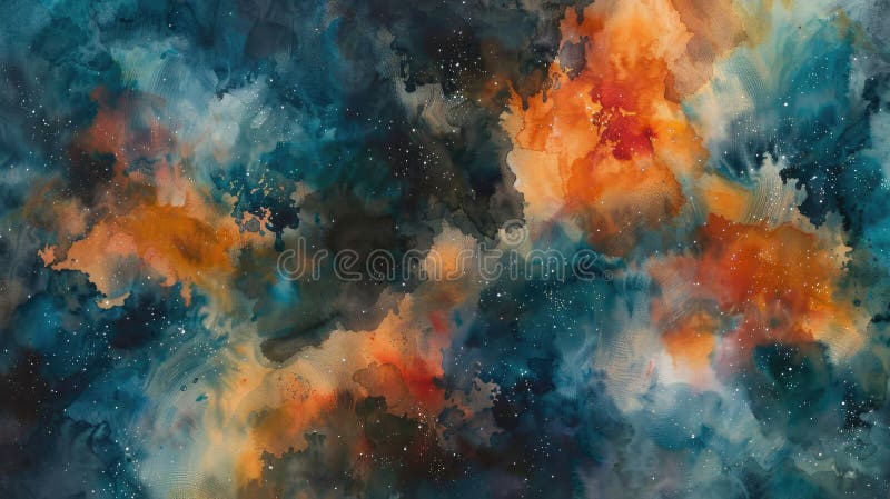 深夜的忧郁与浓郁的橙子混在一起，在宇宙中，抽象的水彩呈爆炸式增长 向量例证