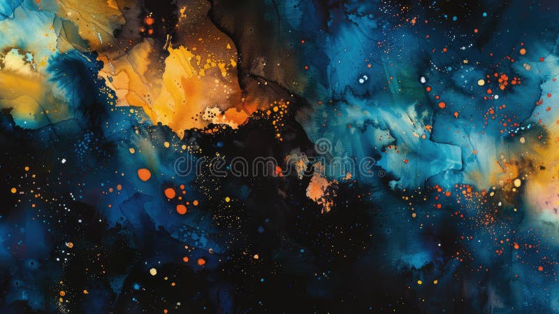 深夜的忧郁与浓郁的橙子混在一起，在宇宙中，抽象的水彩呈爆炸式增长 库存例证