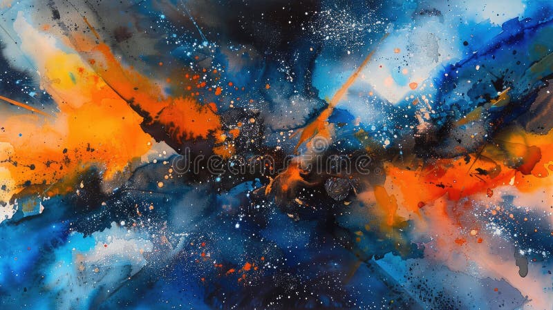 深夜的忧郁与浓郁的橙子混在一起，在宇宙中，抽象的水彩呈爆炸式增长 库存例证