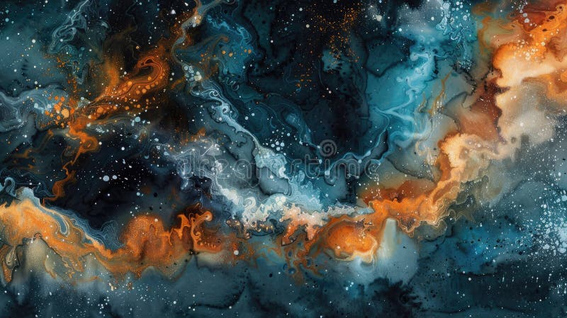 深夜的忧郁与浓郁的橙子混在一起，在宇宙中，抽象的水彩呈爆炸式增长 皇族释放例证