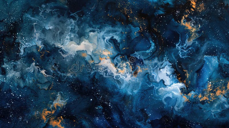 深夜的忧郁与浓郁的橙子混在一起，在宇宙中，抽象的水彩呈爆炸式增长 库存例证