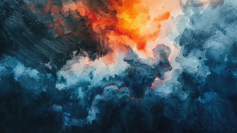 深夜的忧郁与浓郁的橙子混在一起，在宇宙中，抽象的水彩呈爆炸式增长 库存例证