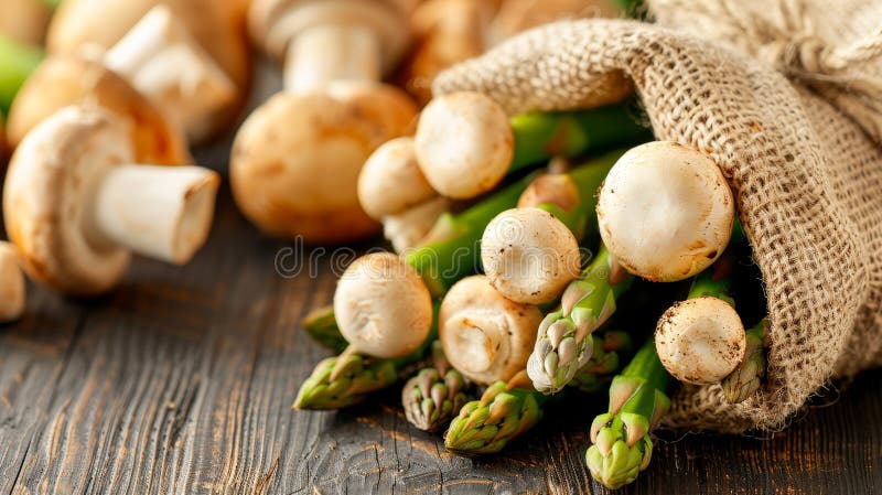 深木桌香菇鲜绿芦笋搭袋特写 向量例证