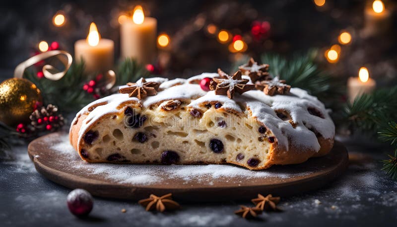 深色穆迪背景中的Chrismas Stollen传统德国节日圣诞蛋糕 向量例证