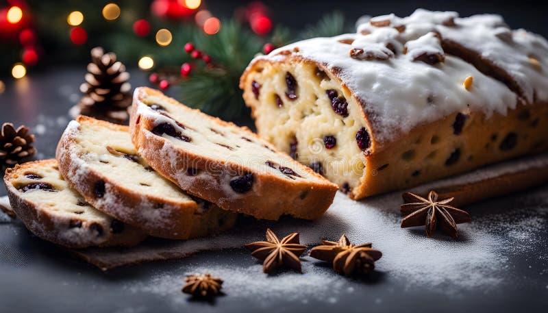 深色穆迪背景中的Chrismas Stollen传统德国节日圣诞蛋糕 向量例证