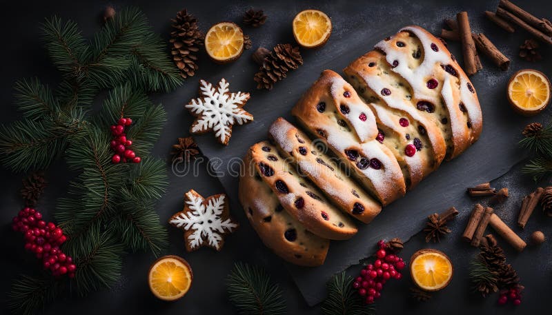 深色穆迪背景中的Chrismas Stollen传统德国节日圣诞蛋糕 皇族释放例证
