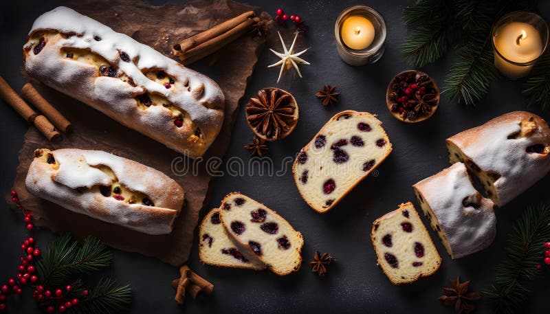深色穆迪背景中的Chrismas Stollen传统德国节日圣诞蛋糕 库存例证
