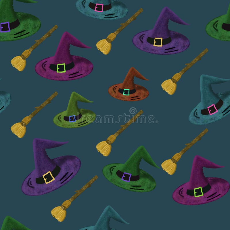 Seamless pattern with multicolored wizard`s hats and flying broomsticks on dark blue background. Halloween print. Magician design. Seamless pattern with multicolored wizard`s hats and flying broomsticks on dark blue background. Halloween print. Magician design